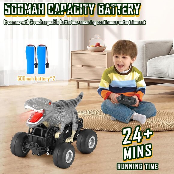 Dinosaur Monster Truck Remote Control Car w Light Recharge Battery Remote 1:18 - Picture 5 of 7